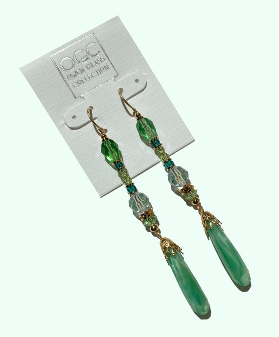Shoulder Duster Earrings in Green and Gold, Antique Czech Glass Prisms, Austrian Crystal in Jade, Peridot and Emerald, Gold, "Greenlight"