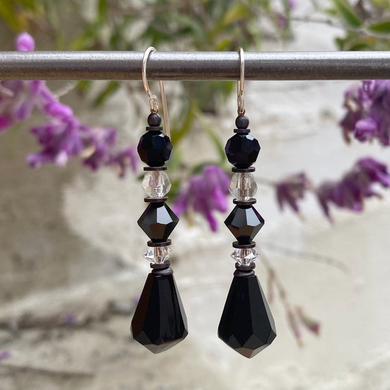 Black and White Earrings, Jet German Glass Drops, Clear Austrian Crystal, Czech Glass and Jet Accents, Antiqued Bronze Trim, "Opera 16"