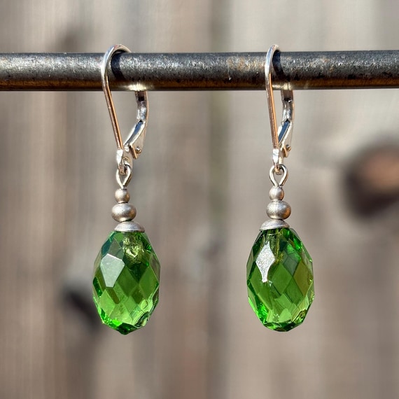 Antique Czech Peridot Glass Drop Earrings, Sterling Silver Lever-Backs, Art Deco Style