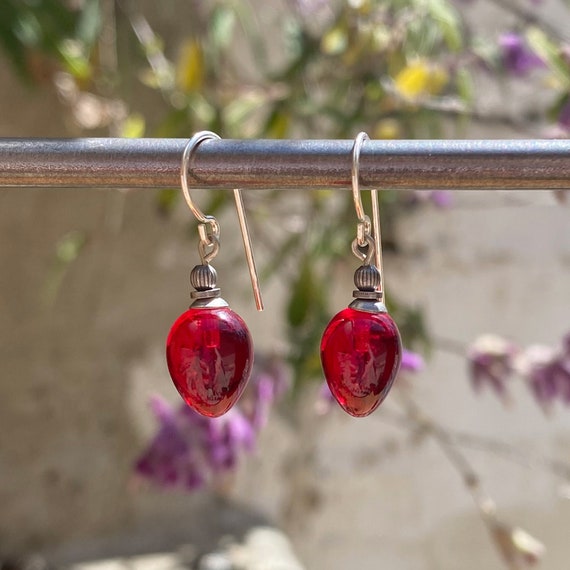 Red Glass Earrings, Small Bright Red German Glass Drops with Sterling Silver Ear Wires, Delicate Drops, "Mini Berries 16"