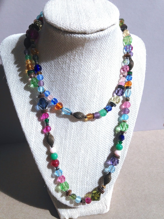 36 Inch Necklace, Austrian Crystal, Czech Glass Necklace, Turquoise, Pink Czech Glass, Bright Multi-Colored Glass,  "4 Are Sufficient"
