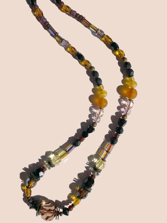 18 Inch Necklace, Czechoslovakian Glass, Austrian Crystal, Bronze, Topaz, Jet, Light Amethyst, Art Deco Beaded Necklace, "Black and Tan"