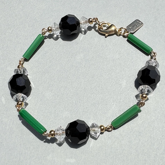 Jet Crystal Bracelet; Antique Czech Green & Clear Glass, Gold, Art Deco