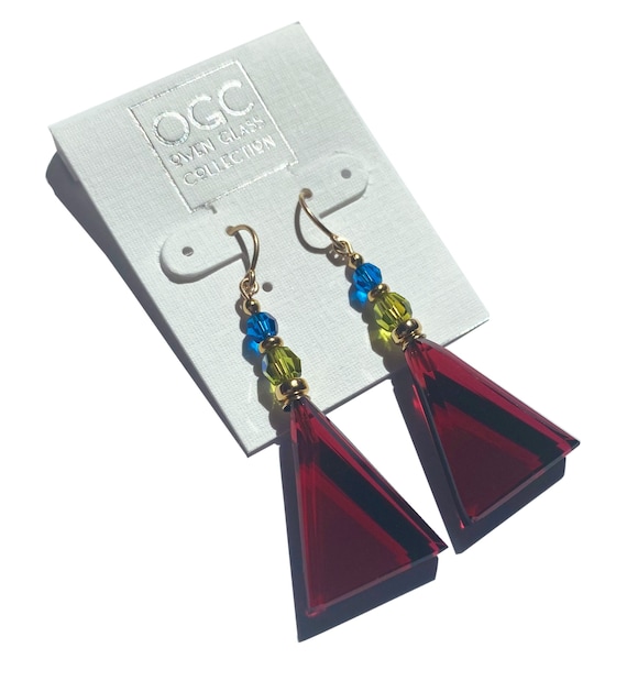 Burgundy Geometric Glass Earrings: Rose, Crystal & Gold