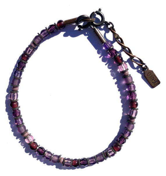 Beaded Bracelet, Shades of Amethyst, Purple, Lavender, Austrian Crystal & Czech Glass, Stackable Bracelet, Art Deco, "'Round Midnight"