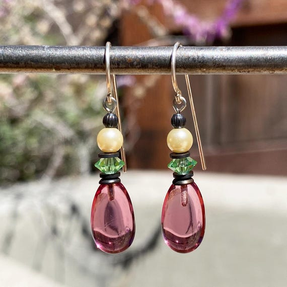 Pink German Glass Drop Earrings: Peridot Crystal, Bronze Trim, Glass Pearls