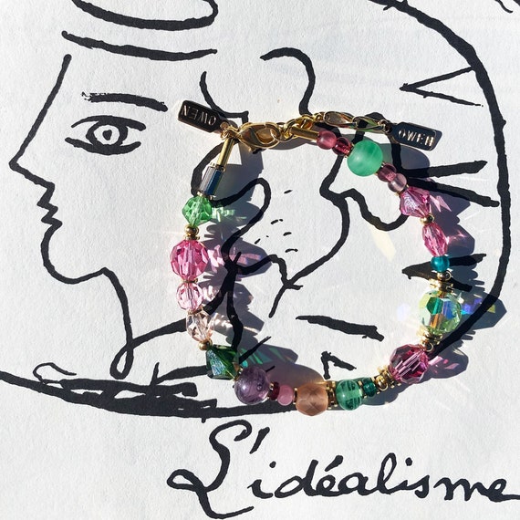 Pastel Beaded Bracelet, Gold, Glass and Crystal, Antique Czech Glass, Austrian Crystal, Pink, Peridot, Amethyst, Gold, "Forget Louis XIV"