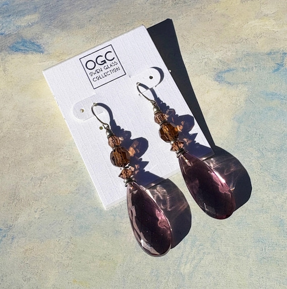 Mauve Glass Drop Earrings: Amethyst German Glass, Smoke Topaz Austrian Crystal