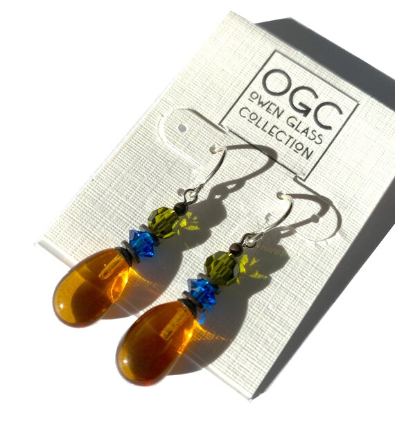 Topaz Drop Earrings, Orange Glass Drop Earrings with Bright Turquoise Blue and Citrus Green Austrian Crystal Accents, "Raindrops 67"