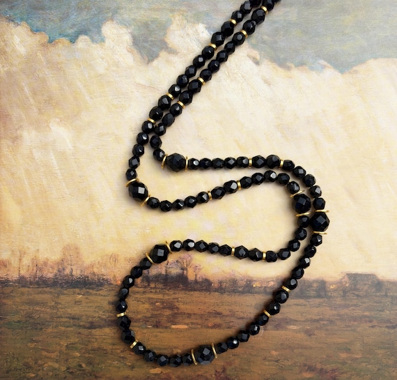 Jet and Gold Beaded Necklace; Czech Glass with Gold Filled Trim, 24 inches