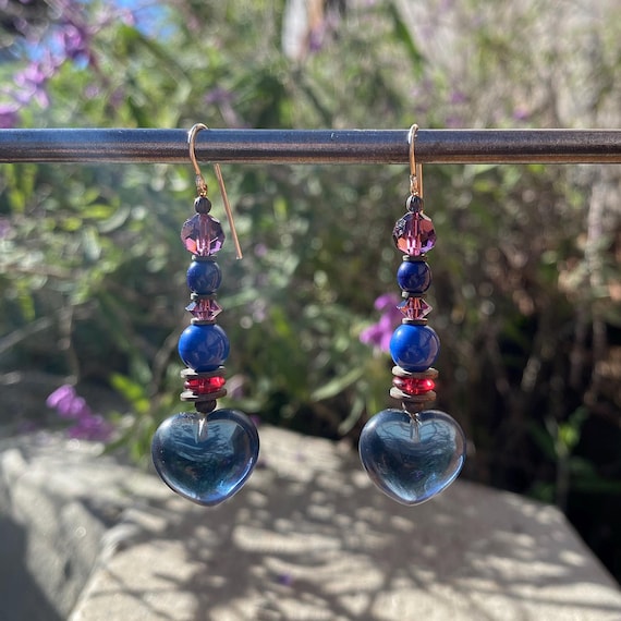 Indigo Heart Earrings, Blue and Amethyst Czech Glass, Indigo Blue German Glass, Amethyst Austrian Crystal, Art Deco, Rare Glass, Style 410