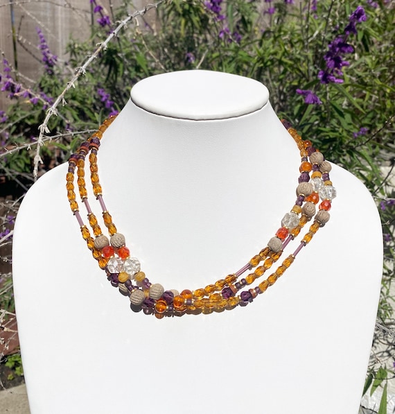 58 Inch Necklace, Extra Long Topaz and Amethyst Czech Glass and Austrian Crystal Necklace, Gold Trim, Carved Stone Accents, "Pueblo Peak"