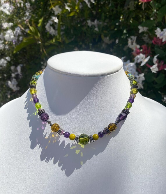 15 Inch Choker Necklace, Czech Glass and Austrian Crystal in Shades of Amethyst, Olivine Green and Smoke Topaz, Rare, Deco, "5 Point Plan"