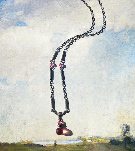 Pink German Glass Pendant Necklace: 16 Inch Necklace, Antiqued Silver Filigree, Pink Austrian Crystal, "Hyde Park 4"