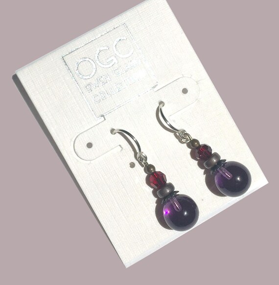 Amethyst and Garnet Earrings, German Glass Amethyst Drops with Garnet Red Austrian Crystal Accents, Dainty Earrings, Art Deco, "Bubbles 11a"
