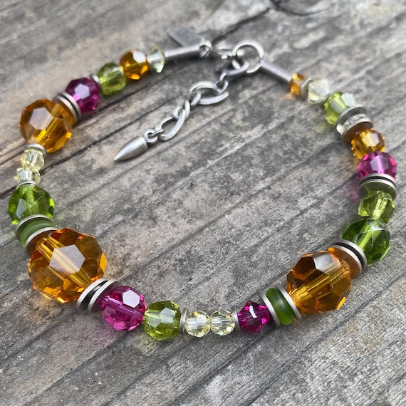 Beaded Crystal Bracelet: Orange, Green, Pink Czech Glass & Silver Trim