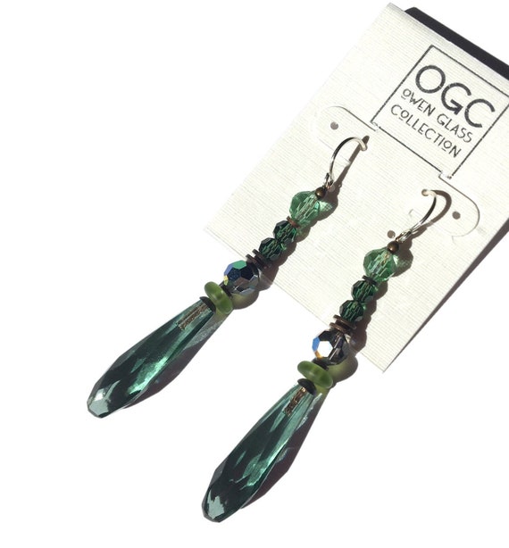 Tourmaline Green Chandelier Earrings, Austrian Crystal in Peridot, Iridescent Crystal, Czech Glass, Antiqued Bronze, Art Deco, "Metro 5"
