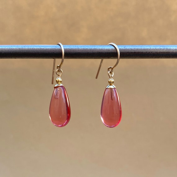 Rose Pink Glass Dangle Earrings; Gold Trim, Handmade