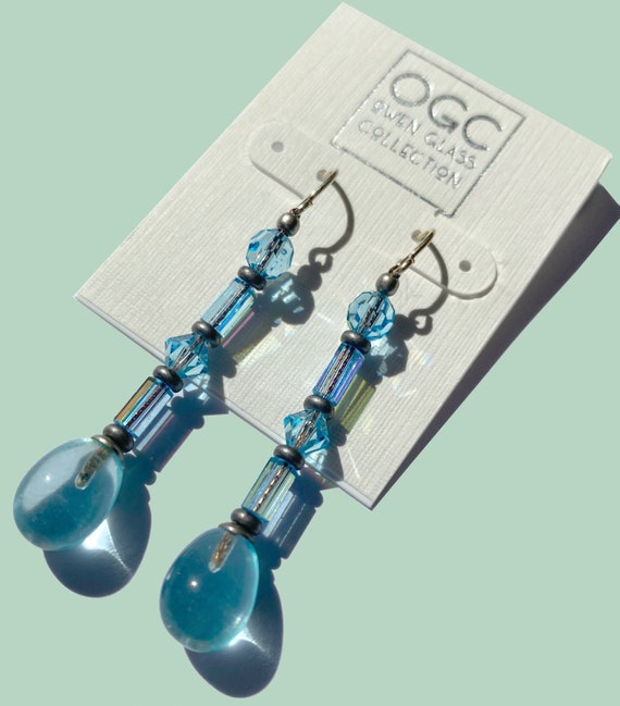 Light Sapphire Glass Earrings, Austrian Crystal and German Glass in Pastel Blue, Baby Blue Dangle Earrings, Antiqued Silver, "Style 254"
