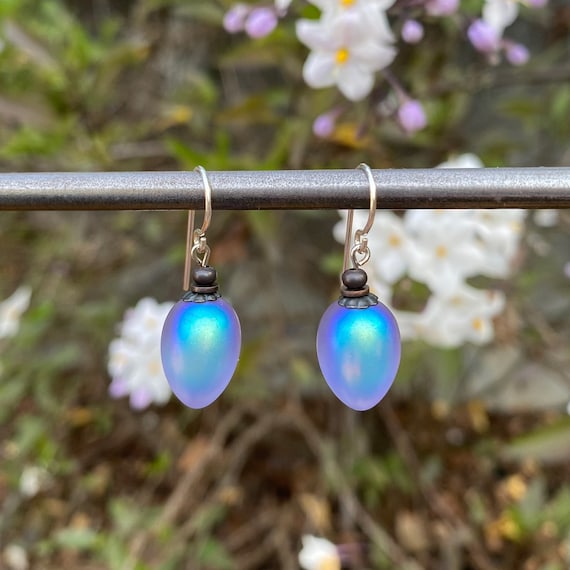 Frosted Light Amethyst Drops Earrings, Iridescent Lavender Earrings, Dainty Glass Earrings, Bronze Accents, Pale Purple, "Berries 49"