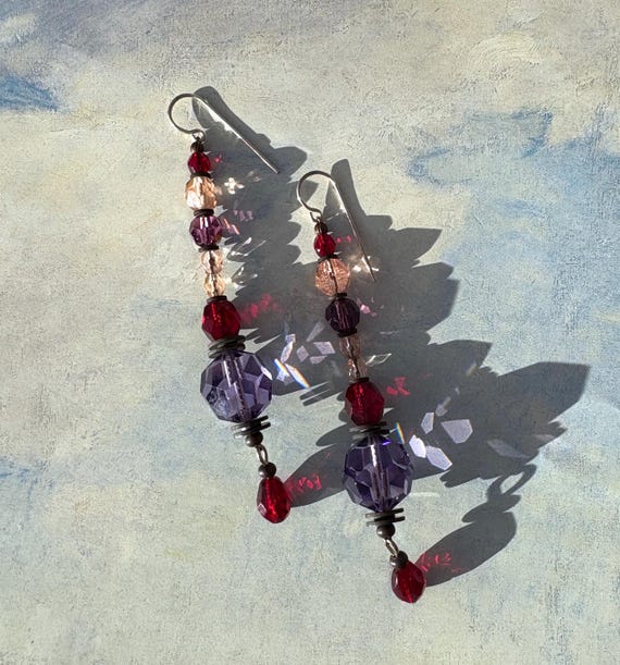 Amethyst and Garnet Shoulder Duster Earrings: Austrian crystal, Czech Glass, Bronze, Art Deco