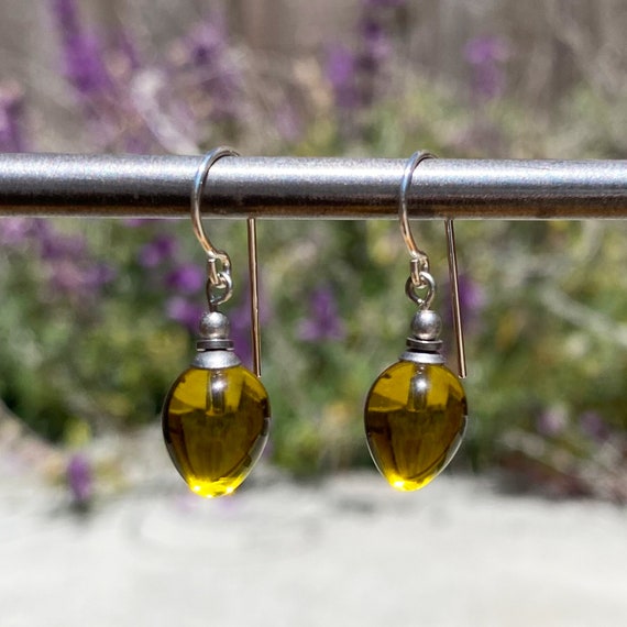 Olive Green German Glass Earrings: Sterling Silver Dangles