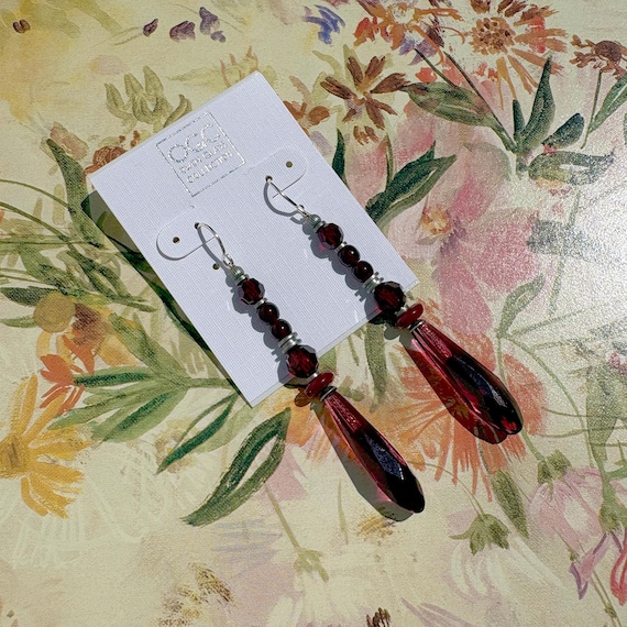 Garnet German Glass Chandelier Earrings, Czech Glass, Austrian Crystal, Handmade