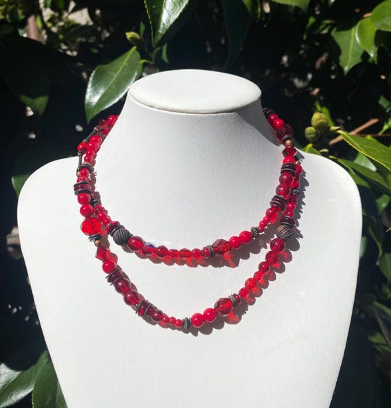 Red Czech Glass Beaded Necklace: Austrian Crystal, Bronze Accents, 30 Inch