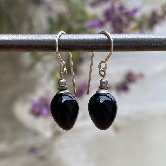 Shiny Black Earrings, German Glass Drops Earrings, Jet Glass, Art Deco, Small Black Glass Drop Earrings, "Mini Berries 14"