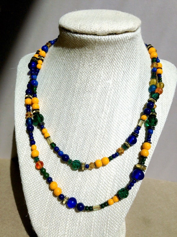 36 Inch Necklace, Yellow, Cobalt and Emerald Austrian Crystal and Czechoslovakian Glass, Art Deco Necklace, One of a Kind, "Sailing Away"