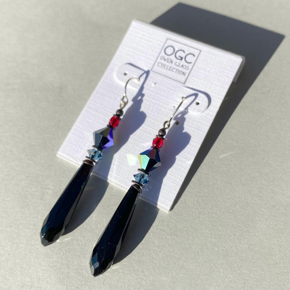Jet Glass Prism Earrings, Antique Czech Glass Prisms, Austrian Crystal Top Beads, Bronze, Chandelier Earrings, Art Deco Era, Arcadia 30