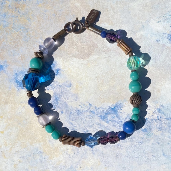 Blue Czech Glass Crystal Beaded Bracelet: Cobalt, Teal, Amethyst, Bronze