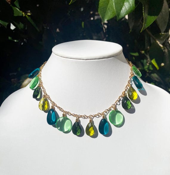Green Glass Charm Necklace, Gold Chain, Choker Necklace
