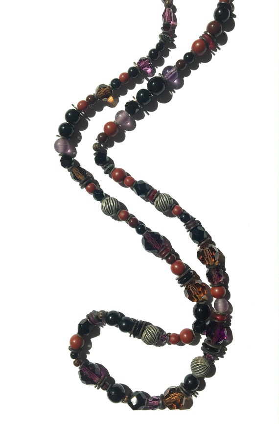 24 Inch Beaded Necklace, Austrian Crystal and Czech Glass, Jet, Amethyst, Smoke Topaz, Antiqued Bronze, Art Deco, "Coyote Call"