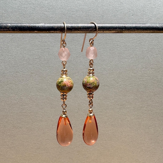 Peach Glass Earrings; Frosted Czech Glass Accents, Gemstones, Gold Trim