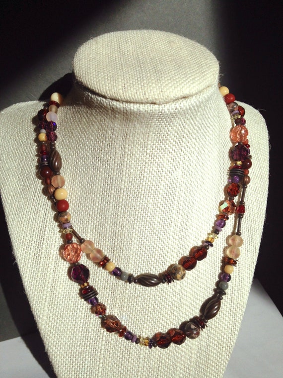 30 Inch Necklace, Austrian Crystal, Czech Glass, Earth Tones, Amethyst Glass, Smoke Topaz, Art Deco Necklace, "Rinky Dinky Parlez-Vous"