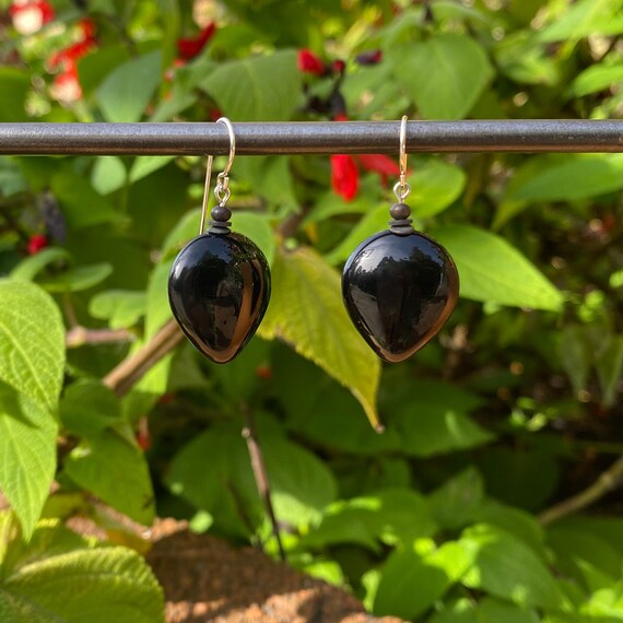 Jet Glass Earrings, German Glass, Smooth Black Glass Drops, Bronze Accents, Rare Glass, Handmade in the USA, "Almonds 8"