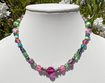 16 Inch Beaded Glass Necklace: Pink, Peridot, Czech Glass, Art Deco