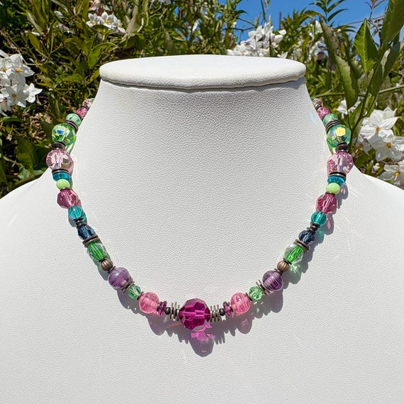 16 Inch Beaded Glass Necklace: Pink, Peridot, Czech Glass, Art Deco