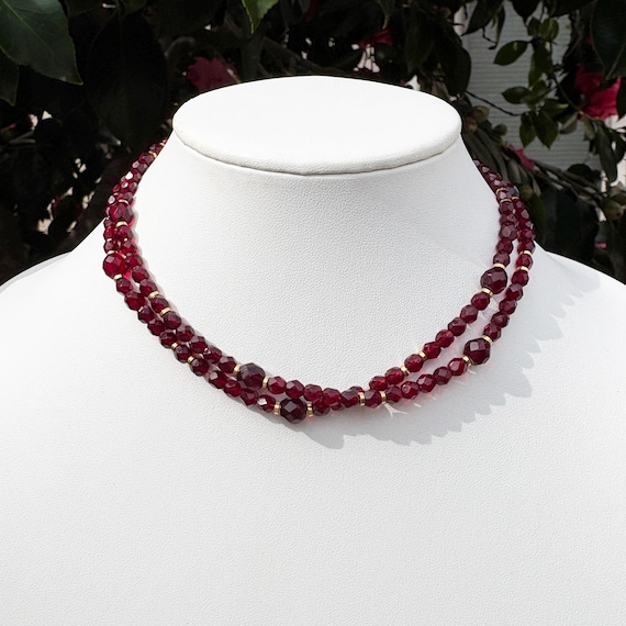 Garnet Beaded Necklace; Czech Glass, Gold Accents, 30-Inch Necklace