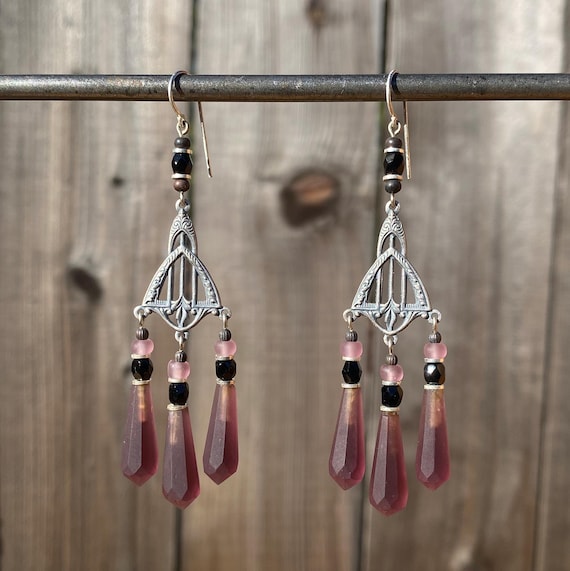 Antique Amethyst Chandelier Earrings: Antique Czech Glass, Silver Filigree