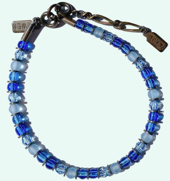 Crystal Stackable Bracelet, Shades of Sapphire, Light Blue Bracelet, Austrian Crystal, Czech Glass, Antiqued Bronze, "Forget Me Not"