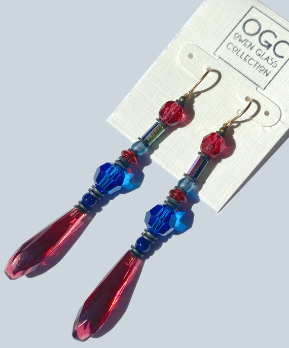 Chandelier Earrings, Light Garnet Prism Earrings, Cobalt, Indigo, Dark Turquoise Austrian Crystal, Czech Glass, Dangle Earrings, Style 301