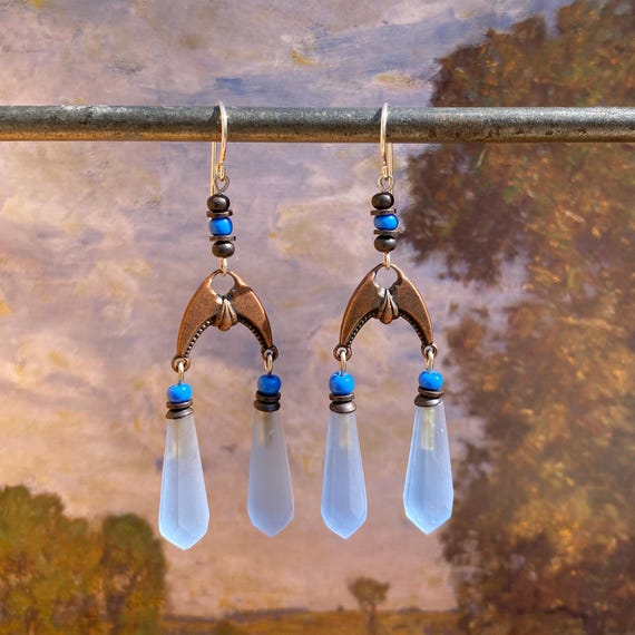 Frosted Sapphire Czech Glass Earrings: Antique Bronze, Sterling Silver