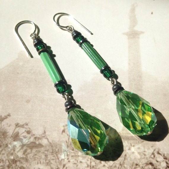 Peridot Crystal Earrings, Light Green Faceted Austrian Crystal Drops with Aurora Borealis Sheen with Antique Czech Glass Accents,  Style 40