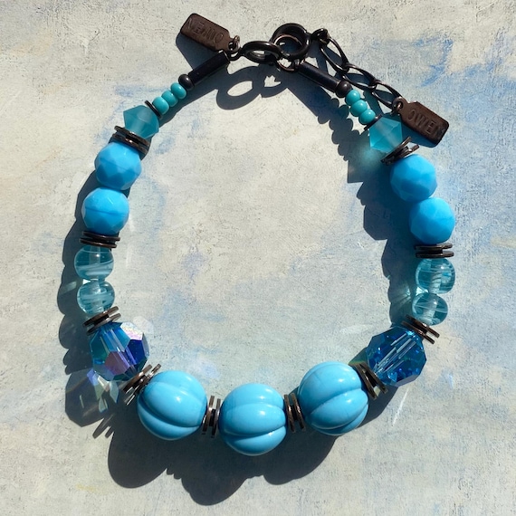 Turquoise Beaded Bracelet; Antique Czech Glass, Crystal, Bronze