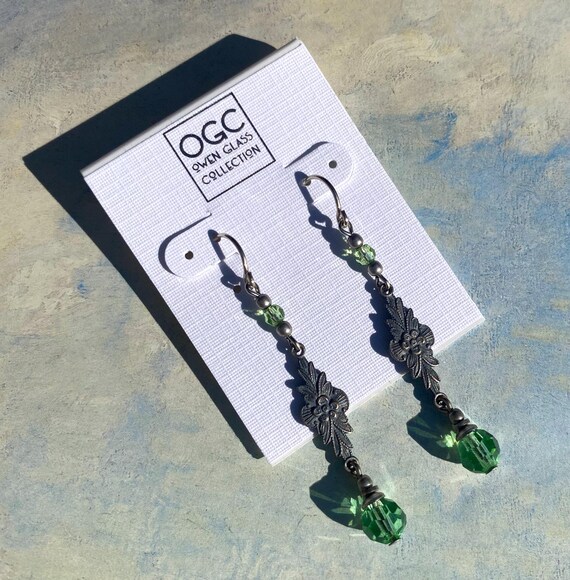 Peridot Crystal Earrings: Antiqued Silver Filigree, Art Deco Style