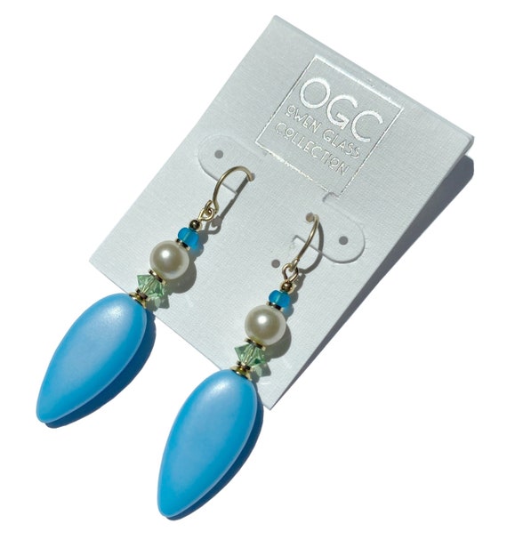 Turquoise Glass Earrings, Crystalized Pearls, Austrian Crystal Peridot Accents, Opaque Turquoise German Glass, Gold, Handmade, "Poolside"