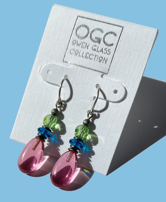 Pink Glass Earrings, Rose Pink Glass Drop Earrings, Peridot Austrian Crystal Accents with Turquoise Czech Glass, Silver Trim, "Raindrops 4"