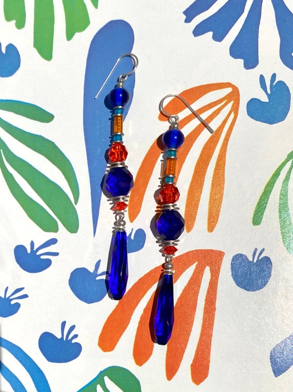 Cobalt Blue Shoulder Dusters, Orange and Blue Chandelier Earrings, German and Czech Glass, Austrian Crystal, Silver, Art Deco, "Windows 1"